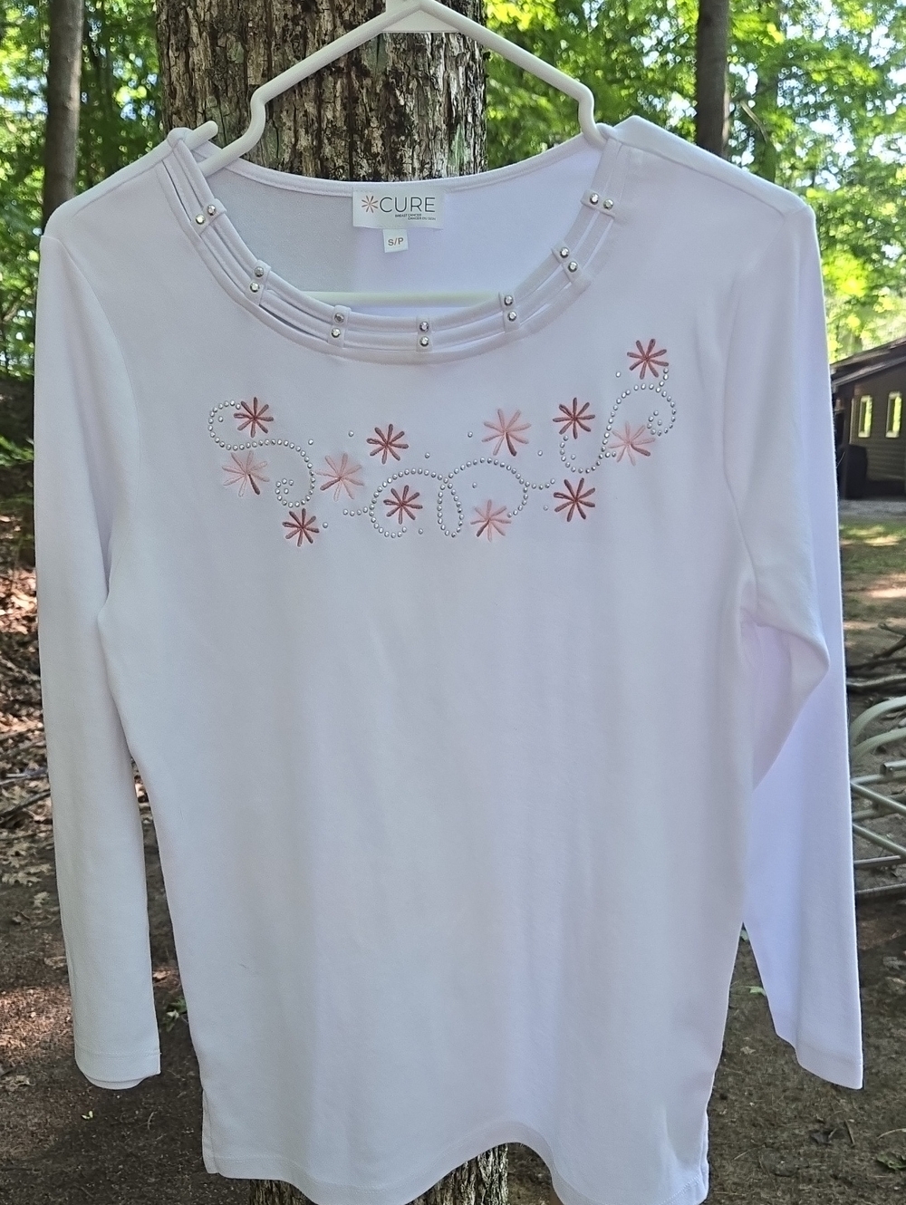The Cure Women's Light Pink Long-Sleeve Embellished Tee Breast Cancer Fundraiser